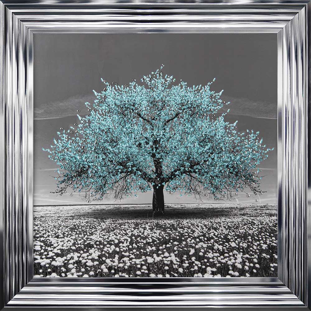 Teal Cherry Tree Framed Wall Art 75x75cm