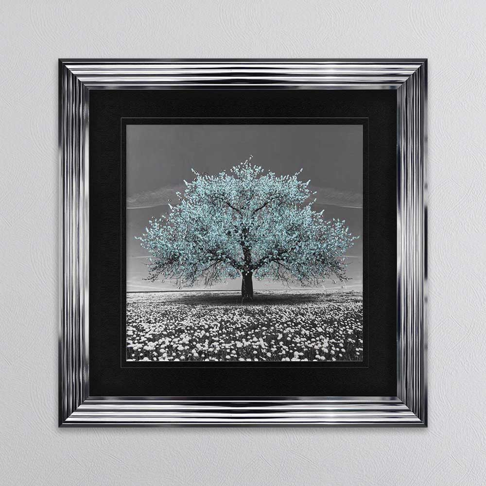 Teal Cherry Tree Framed Wall Art 90x90cm