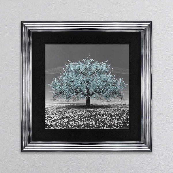 Teal Cherry Tree Framed Wall Art 90x90cm